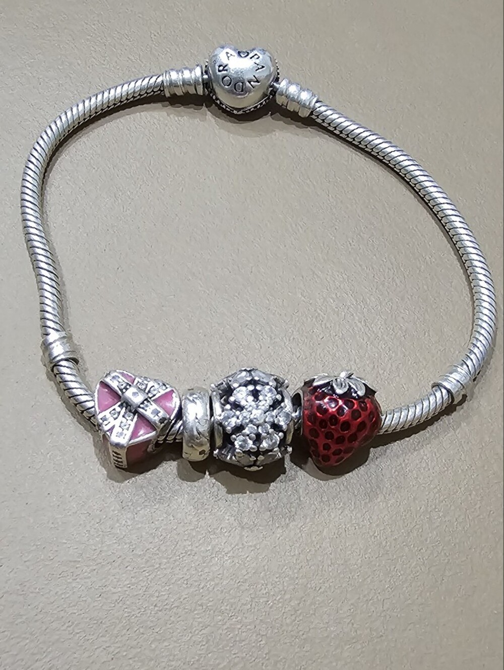 Pandora Silver Charm Bracelet with 4 charms / Spacers 8"